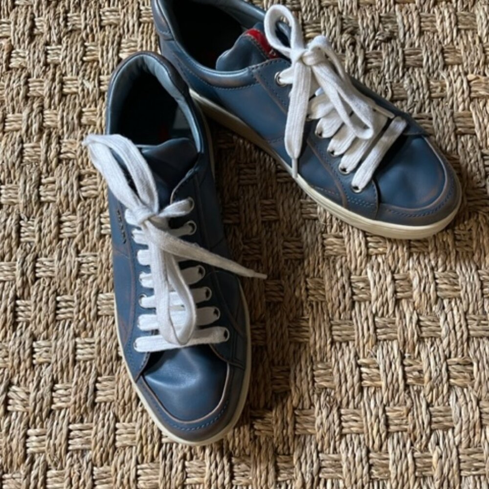 RARE Prada Linea Rossa distressed blue leather sneakers